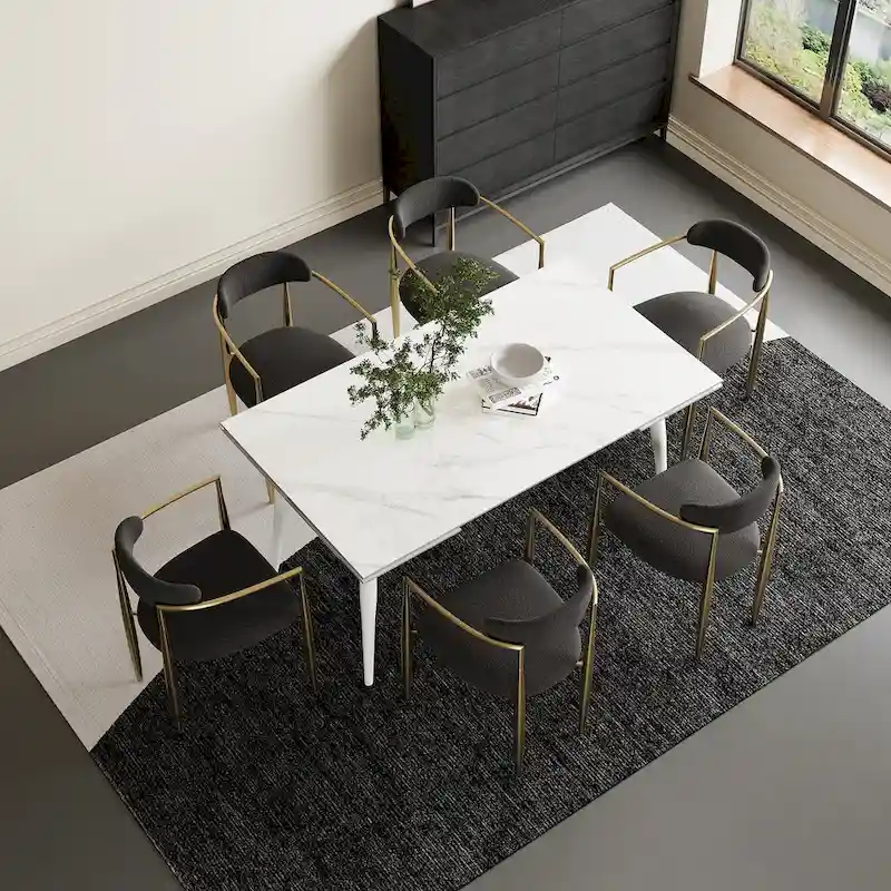 7 - Piece Extendable Sintered Stone Dining Table Dining Set With 6 Fabric Chairs
