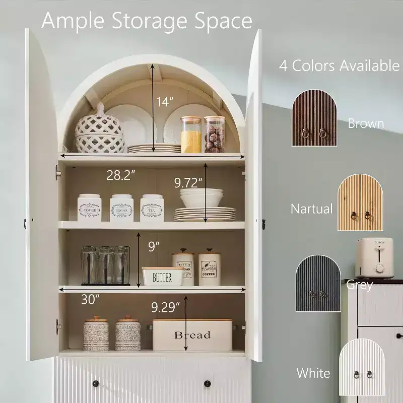 SinCiDo Arched Cabinet, 71 High Pantry Cabinet, with Adjustable Shelves and 2 Large Drawers, Cabinet, for Living Room, Bathroom, Kitchen