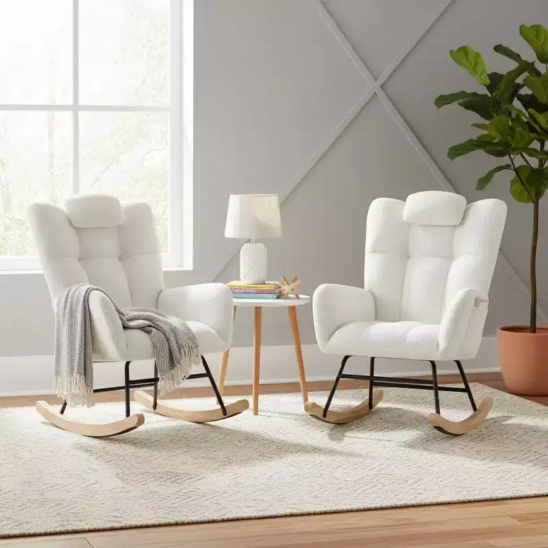 Set of 2 Upholstered Nursery Rocking Chairs, Padded Seat with High Backrest, Modern Accent Recliner for Living Room, Bedroom, Cozy Reading