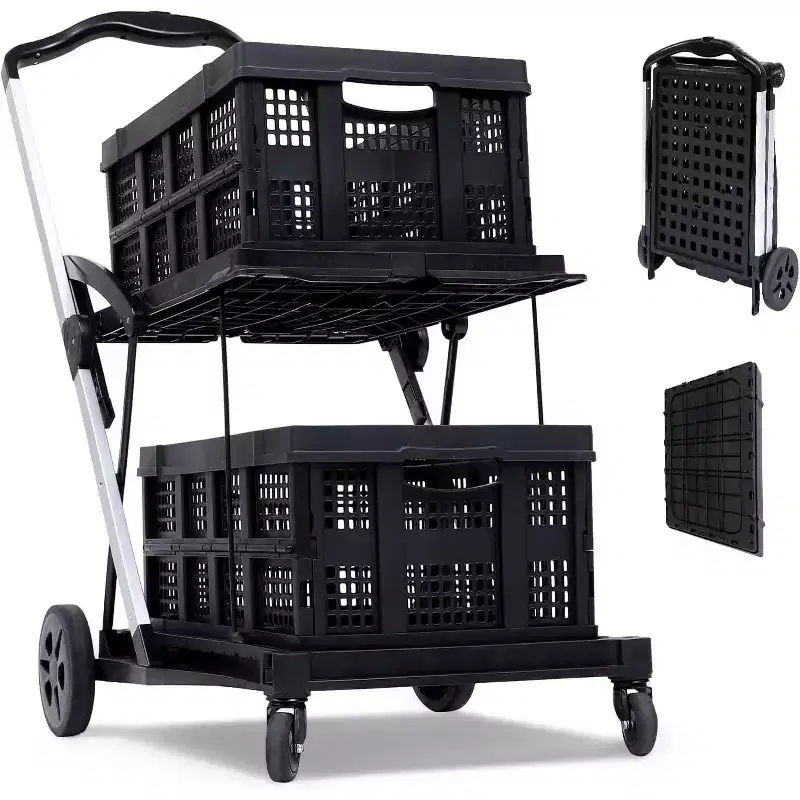 Two Layers Folding Shopping Carts,Multi Use Collapsible Carts with 360 Rolling Swivel Wheels Shopping Cart with Storage Crate for Groceries, Warehouse