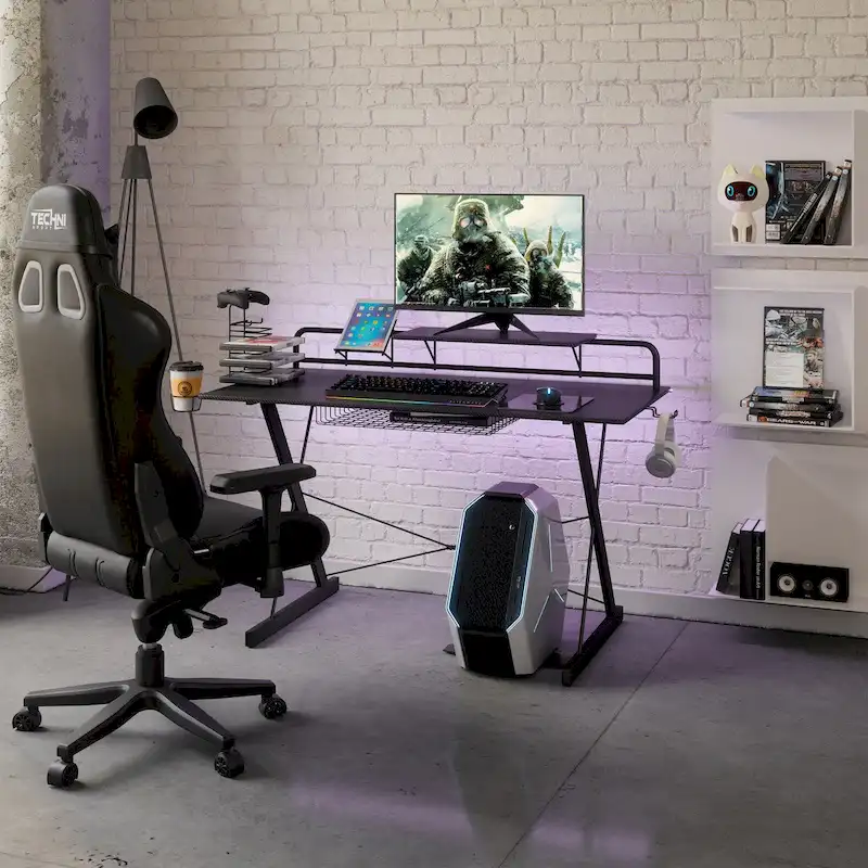 Black L-Shape Gaming Desk with Shelving, Single User
