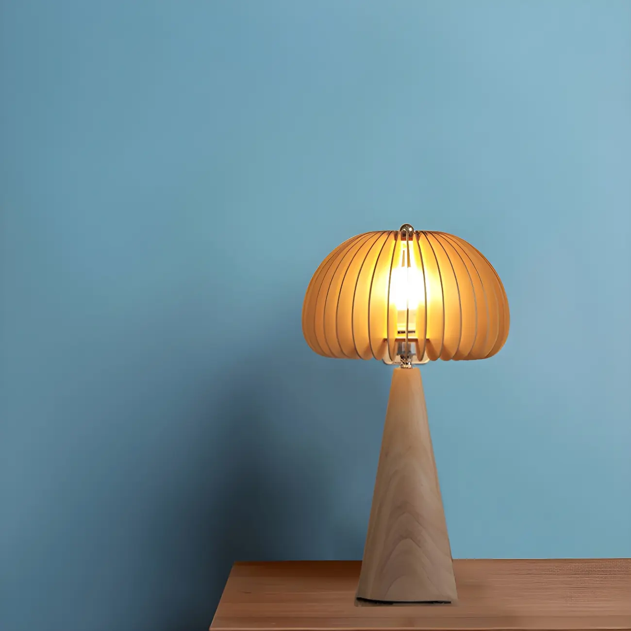 Art Deco Yellow Wooden Mushroom-Shaped LED Table Lamp