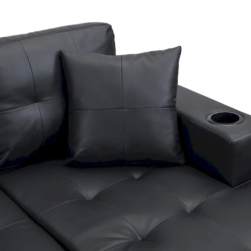 Black 96.06 Modern L-Shaped 4 Seater Sectional Sofa with Chaise Lounge, Cup Holders, and Throw Pillows