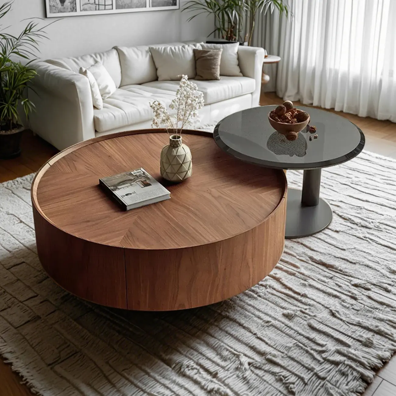 Modern Wooden Brown Round Nesting Coffee Table