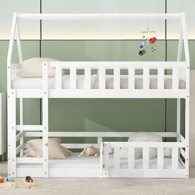 White & Grey House-Shaped Twin over Twin Bunk Bed, 2-Sleeper