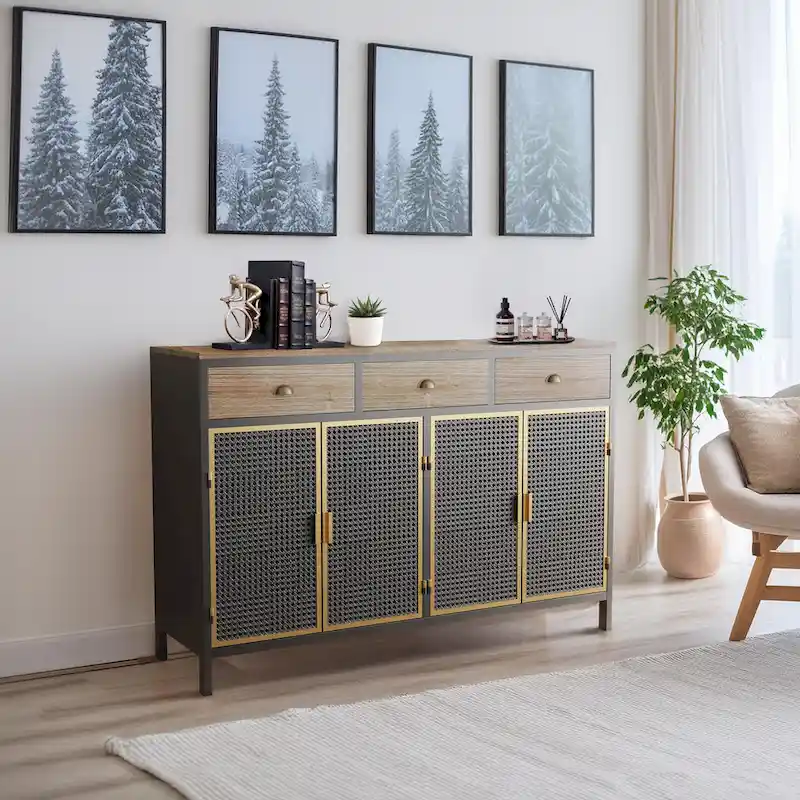 Dark Gray Polished Sideboard, 3 Drawers & 4 Doors, 1-Person Assembly