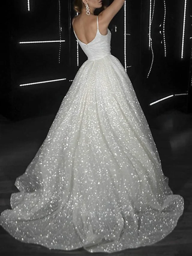 Ball Gown Prom Dresses Glittering Dress Wedding Party Court Train Sleeveless Spaghetti Strap Tulle with Sequin