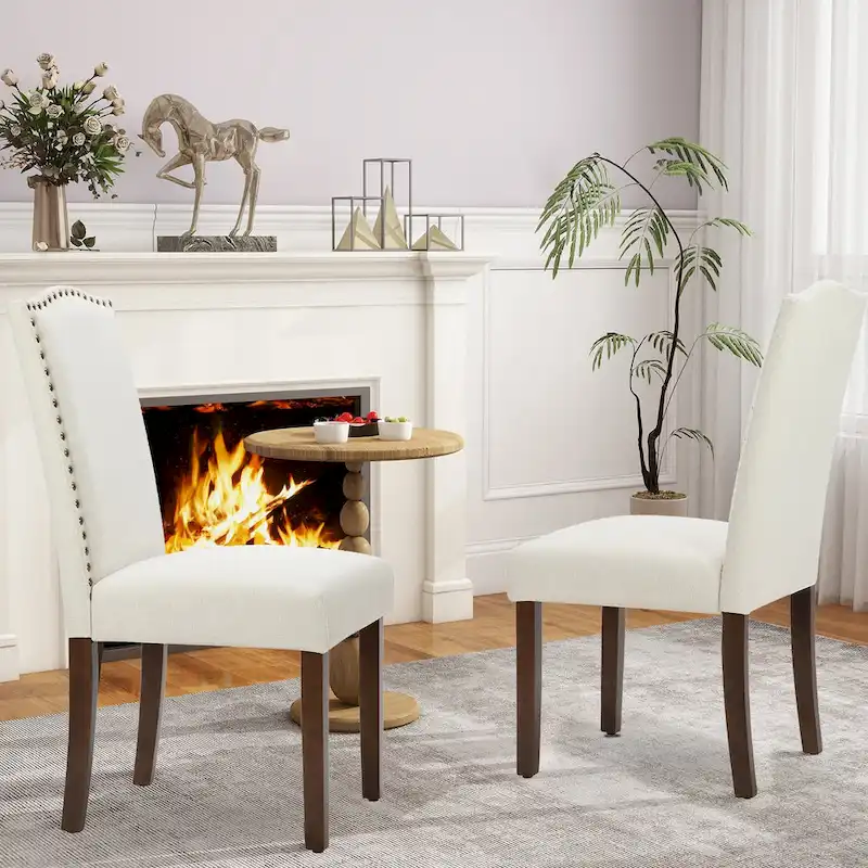Dining Chairs Set of 2, Upholstered Dining Room Chairs Fabric Kitchen Chairs with Solid Wood Frame and Nailhead Trim