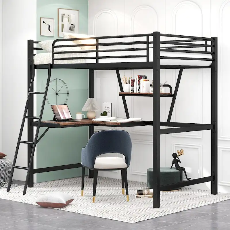 Black Metal Loft Bed with Integrated Desk, Shelf, and Full-Length Guardrail