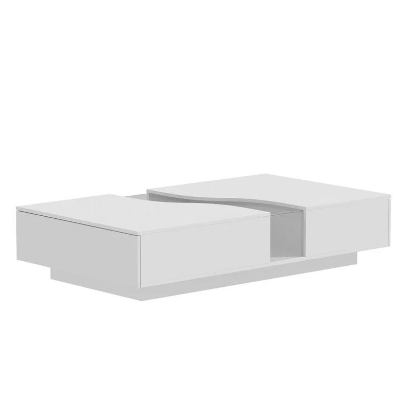 White Coffee Table with 2 Drawers, Tempered Glass Top and LED Lighting