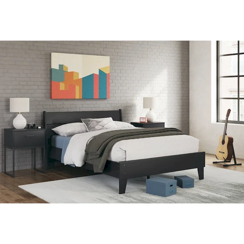 Black Matte Panel Headboard with 2 Nightstands – Full/Queen, 1-Bed Set