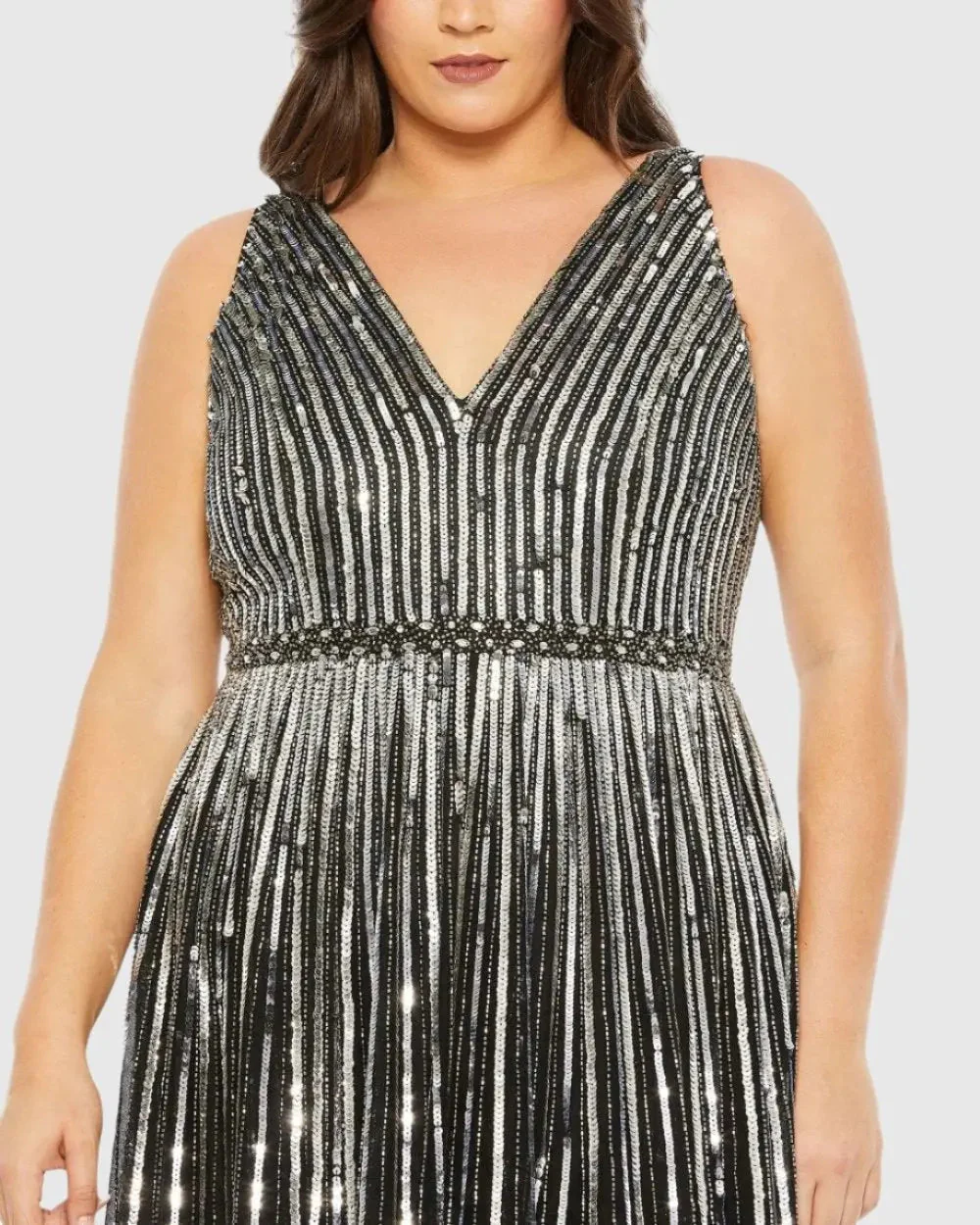 Black and Silver Sequined Striped Sleeveless V Neck A Line Gown (Plus)