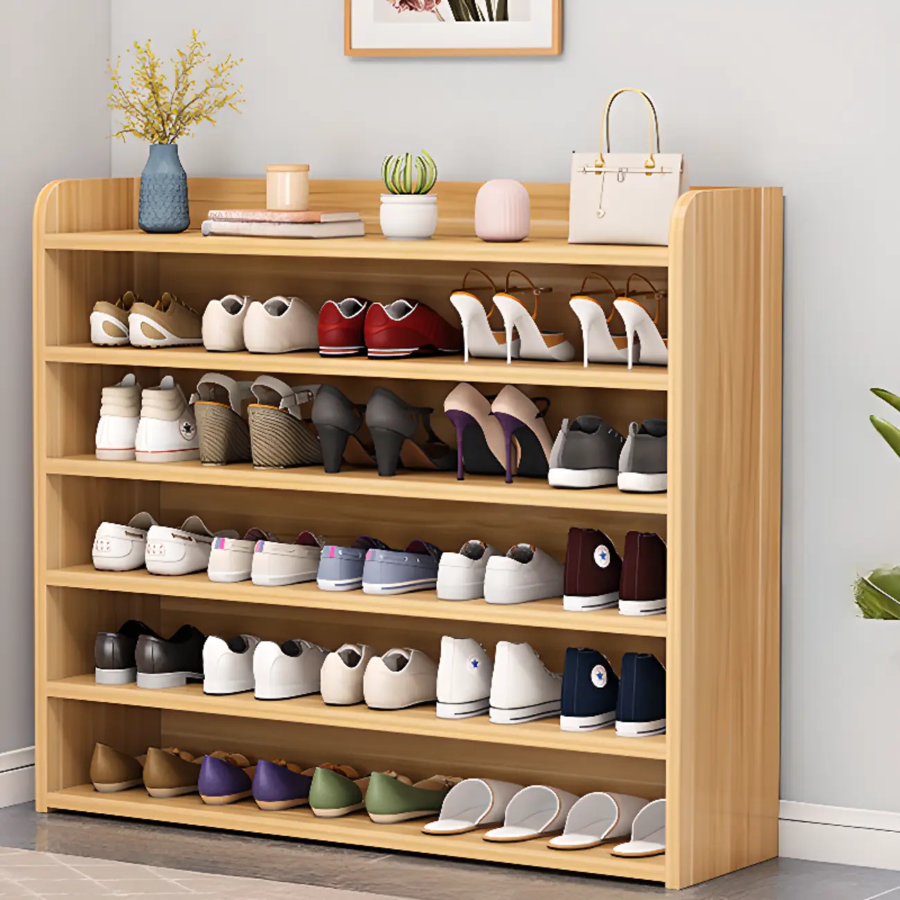 Vertical White Wooden Hallway 6-Tier Open Shoe Rack