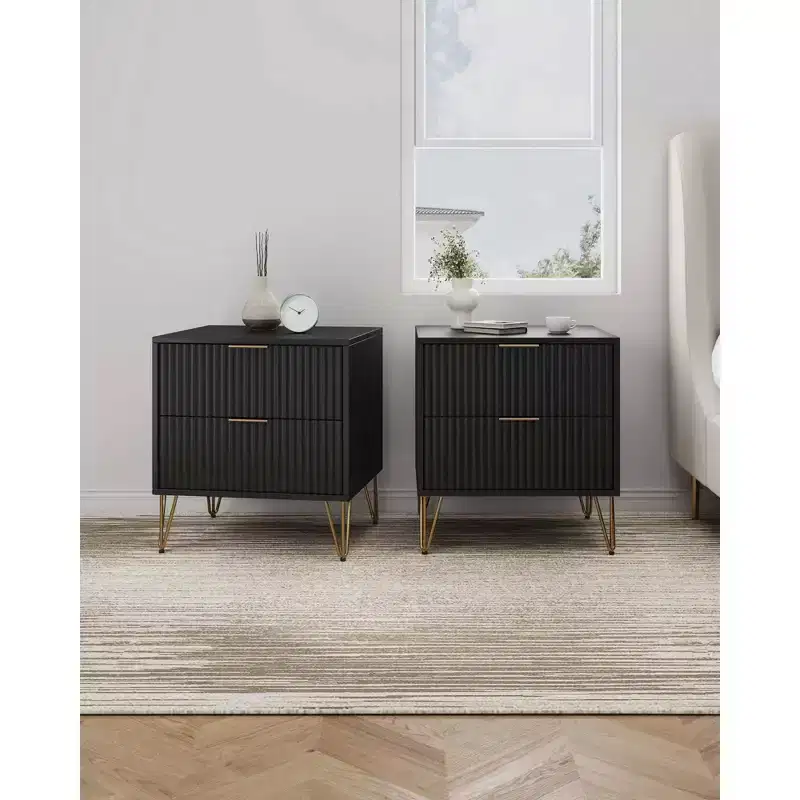 Manhattan Comfort Set of 2 Dumbo 2 Drawer Nightstands Black: Modern Bedside Storage, MDF Frame, Metal Glides