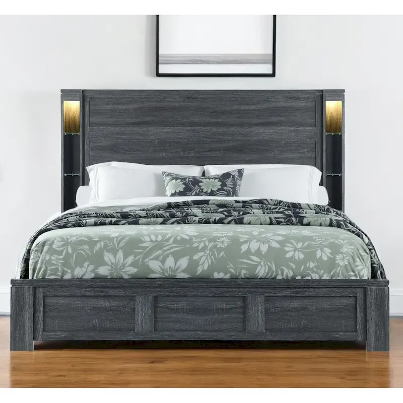 HomeRoots Dark Gray Distressed Wood Lighted King Bed Frame