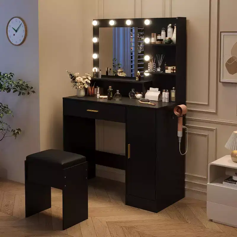 Vanity Table Set with PU Cushioned Stool, 35.4 Makeup Vanity Desk with Large Drawer & Cabinet & Hairdryer Rack, Modern Bedroom Dressing Table Set