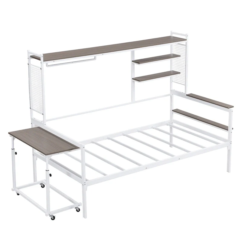 Metal Daybed with Movable Desk, Shelves and Clothes Hanger