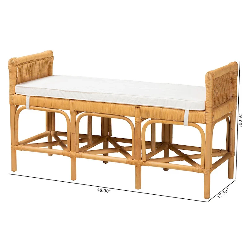 Modern Bohemian Natural Brown Rattan Bench – Handcrafted Boho Entryway Seat