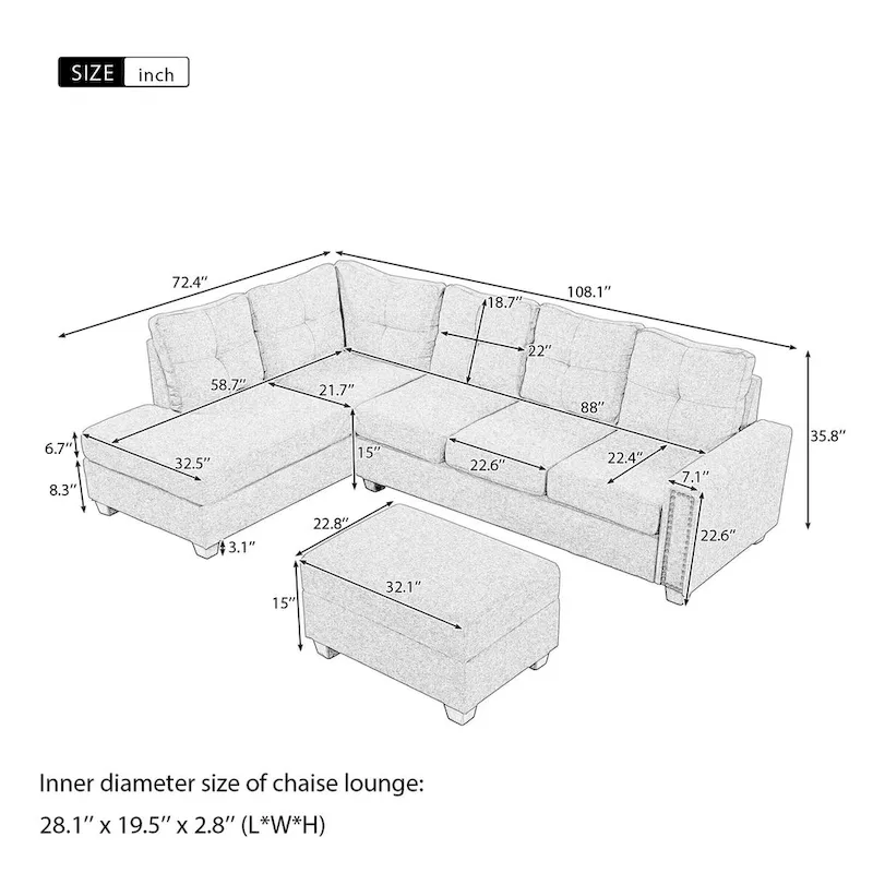 Grey Reversible L-Shaped Sectional Sofa with Ottoman, Seats 4–5