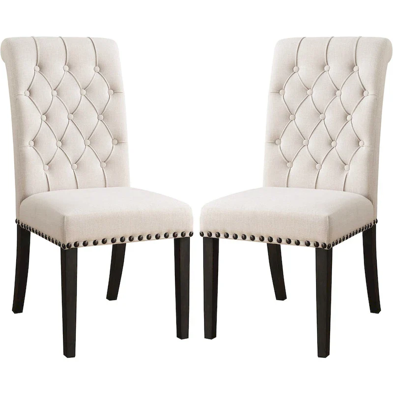 Rolled Back Design Button Tufted Beige Dining Chairs with Nailhead Trim (Set of 2)
