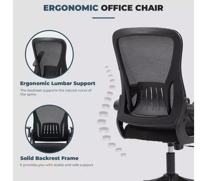 Ergonomic Office Chair with Flip-Up Armrests & Lumbar Support  Adjustable Swivel Desk Chair with Padded Seat, Mesh Back (Black)