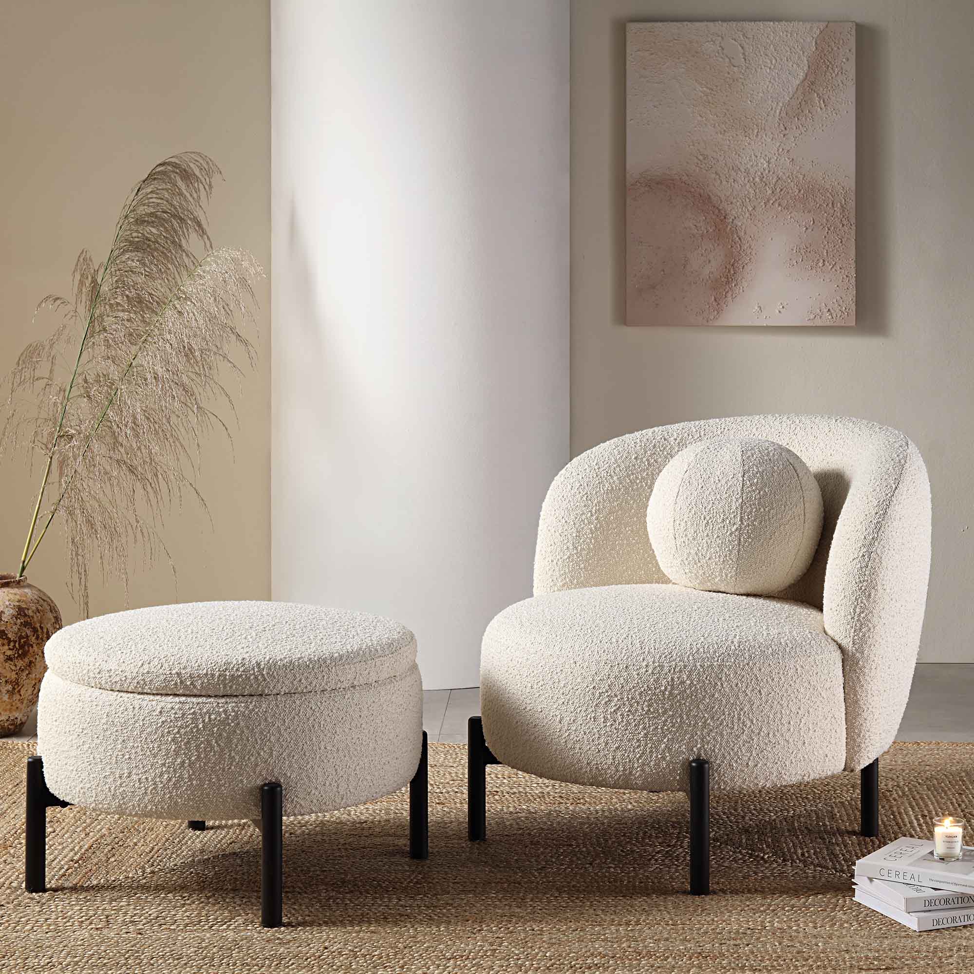 Armchair with Ball Cushion, Ecru Boucle
