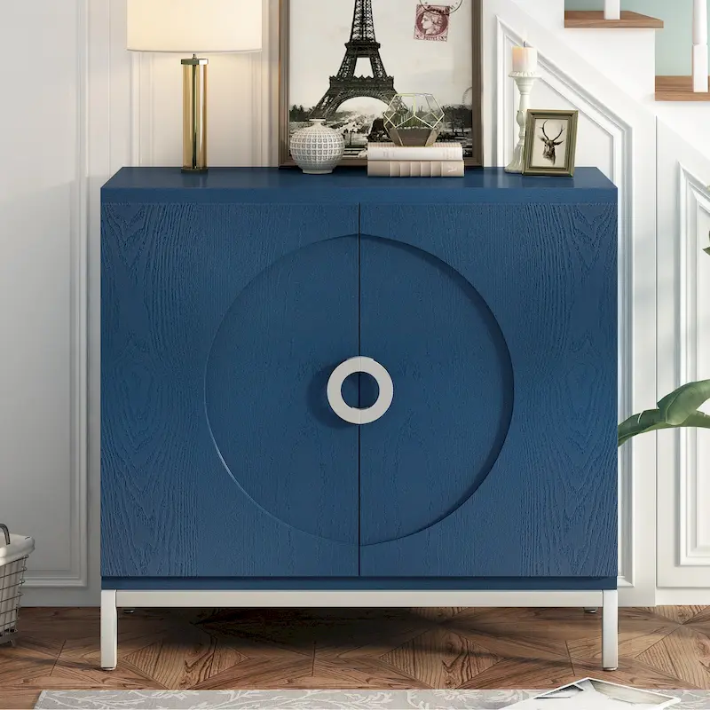 Navy Blue / White / Black Wood Veneer Sideboard Cabinet — 1-Person Assembly