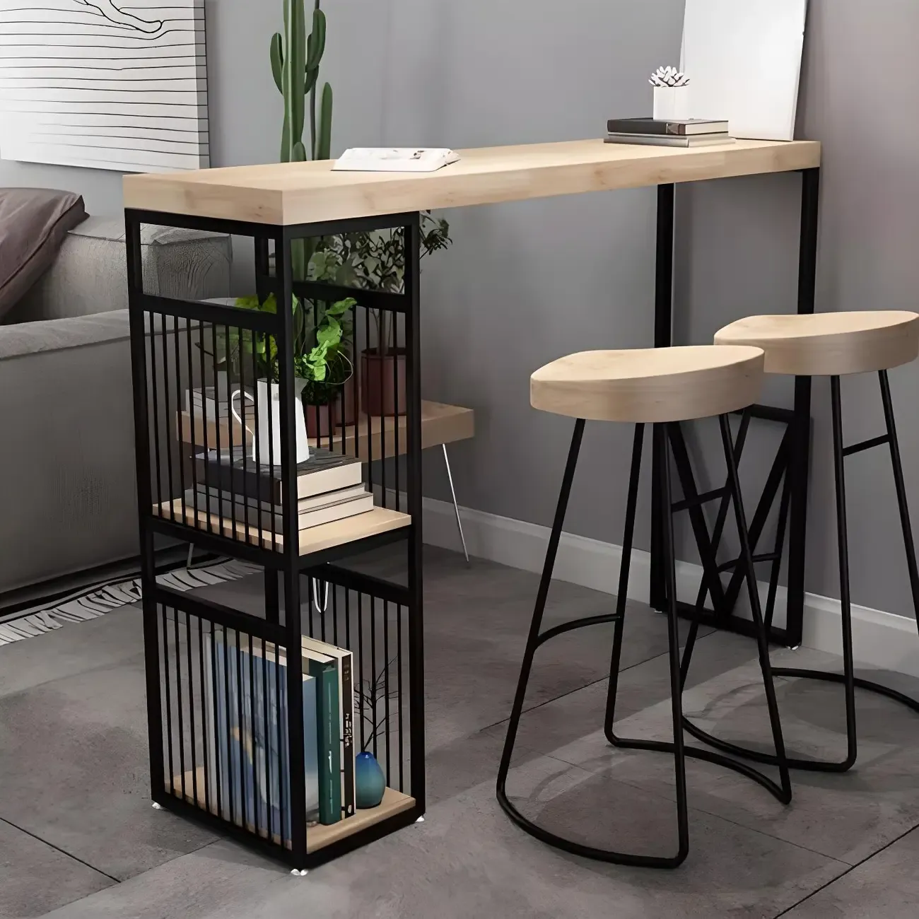 Modern Natural Wooden Metal Storage Bar Tables