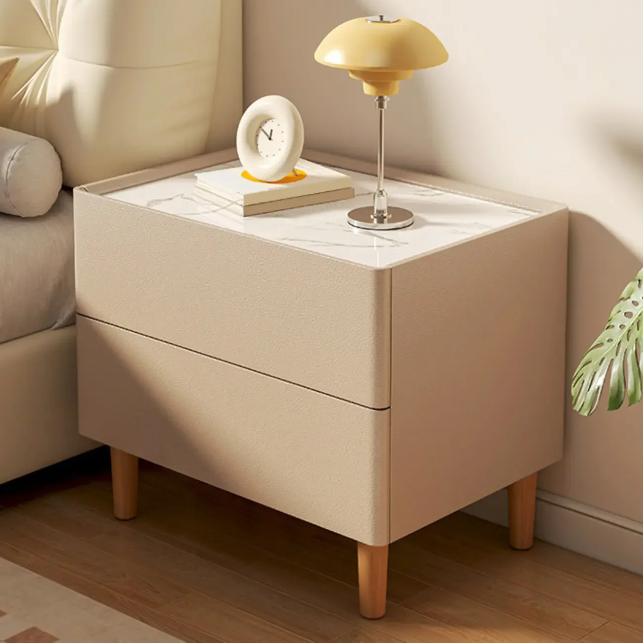 Modern White Sintered Stone Top Leather Drawers Nightstand