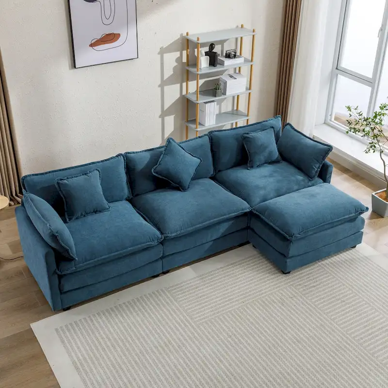 Blue 112.2  Modern L-Shaped 4-Seat Sofa with Removable Ottoman