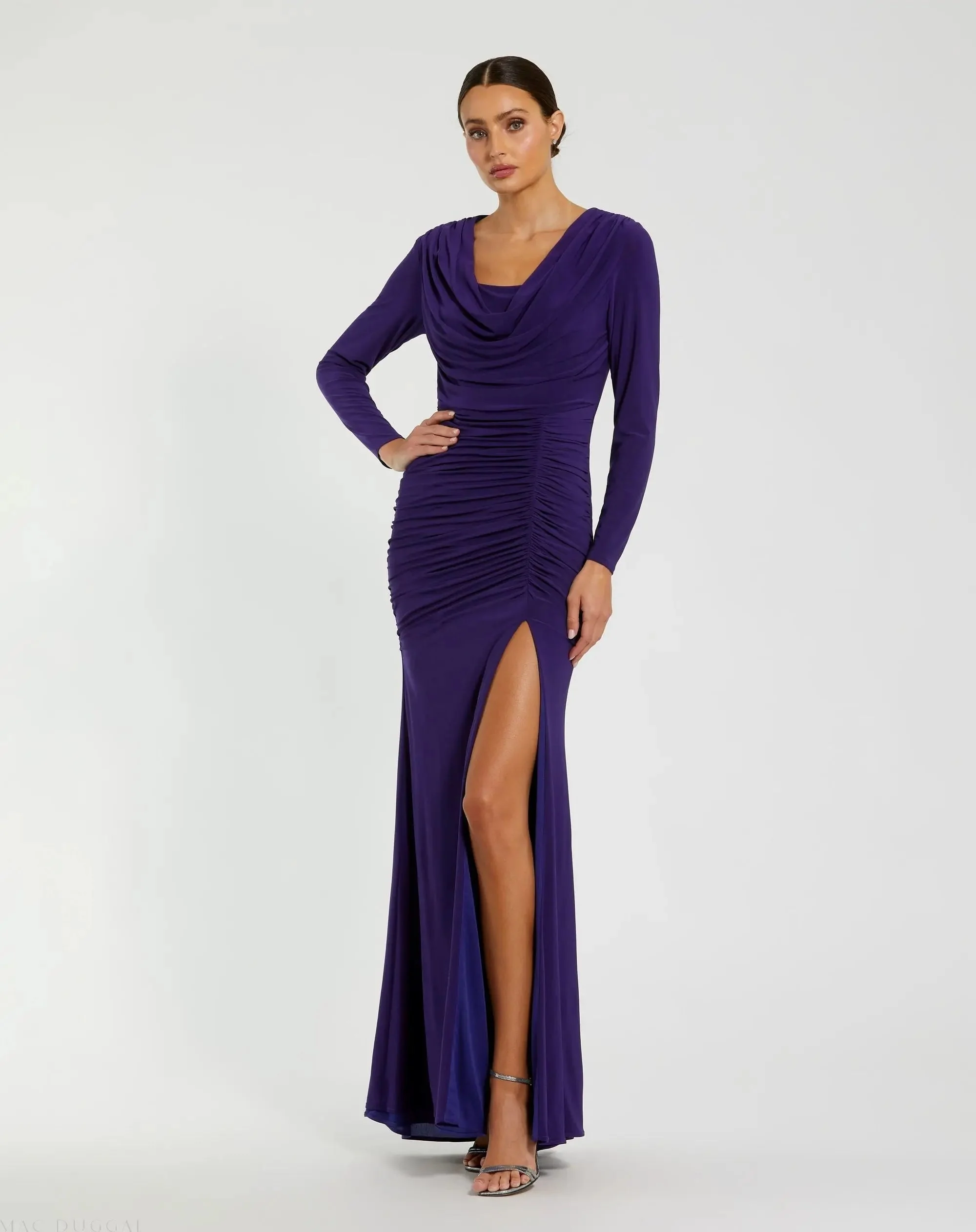 Purple Long Sleeve Cowl Neck Jersey Gown With Slit