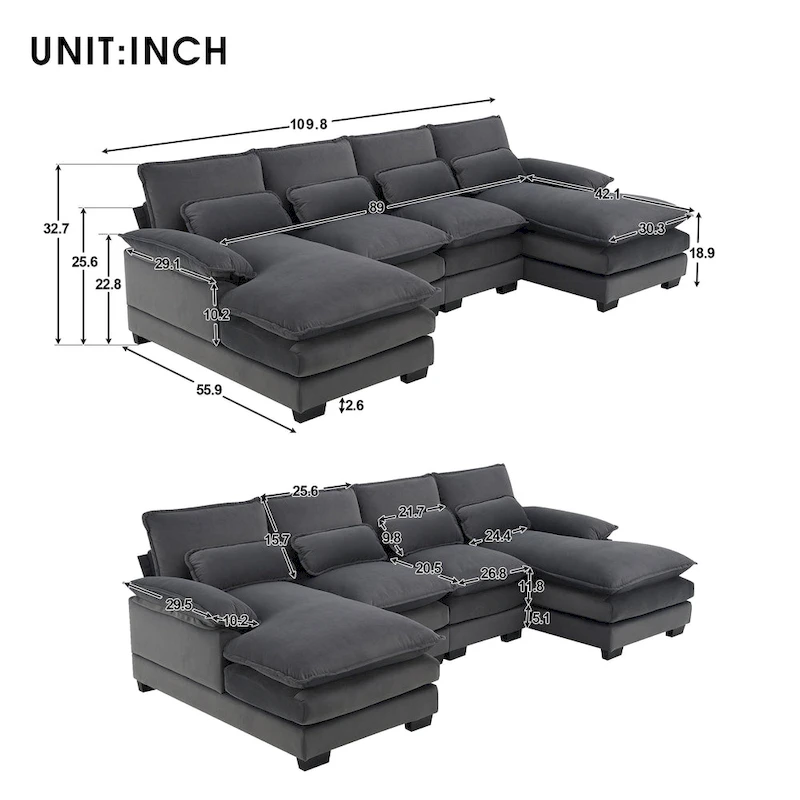Modern Upholstered 6-Seat Modular U-Shaped Sleeper Sectional Sofa