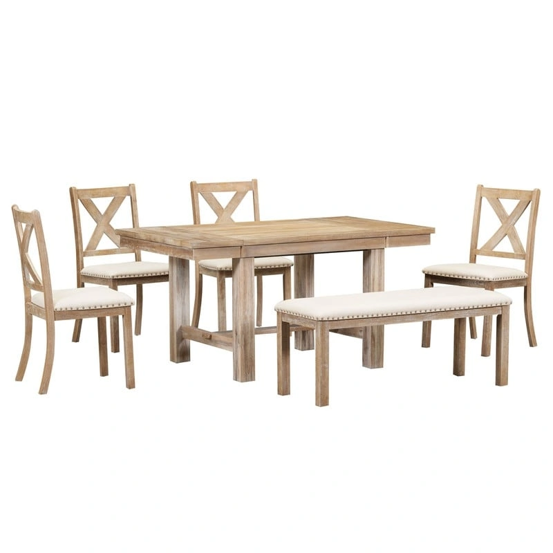 6-Piece Dining Kitchen Table Set, Extendable Wood Dining Table, 4 Upholstered Dining Chairs and Bench, Two 11 Removable Leaf