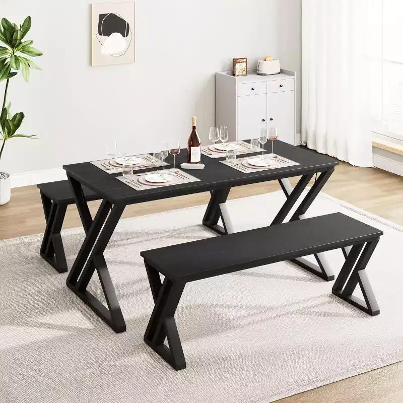 Dining Table Bench Set for 4, Kitchen Table Set with 2 Benches, Metal Frame, Saving Space for Kitchen, Dining Room, Apartment