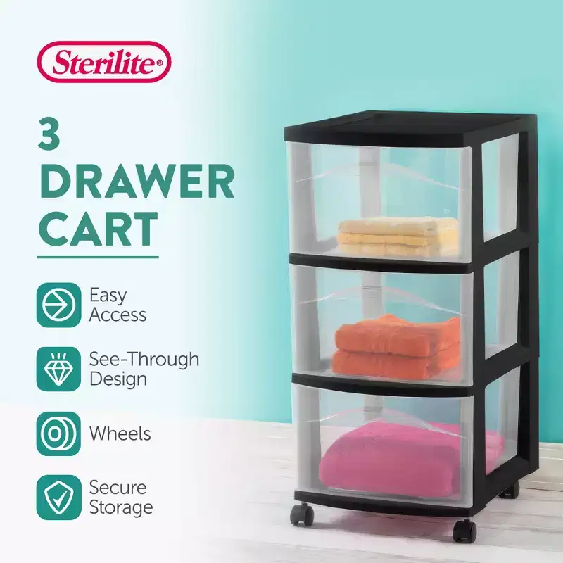 Sterilite 3 Drawer Storage Cart, Plastic Rolling Medium Organizer, Black, 2 Pack