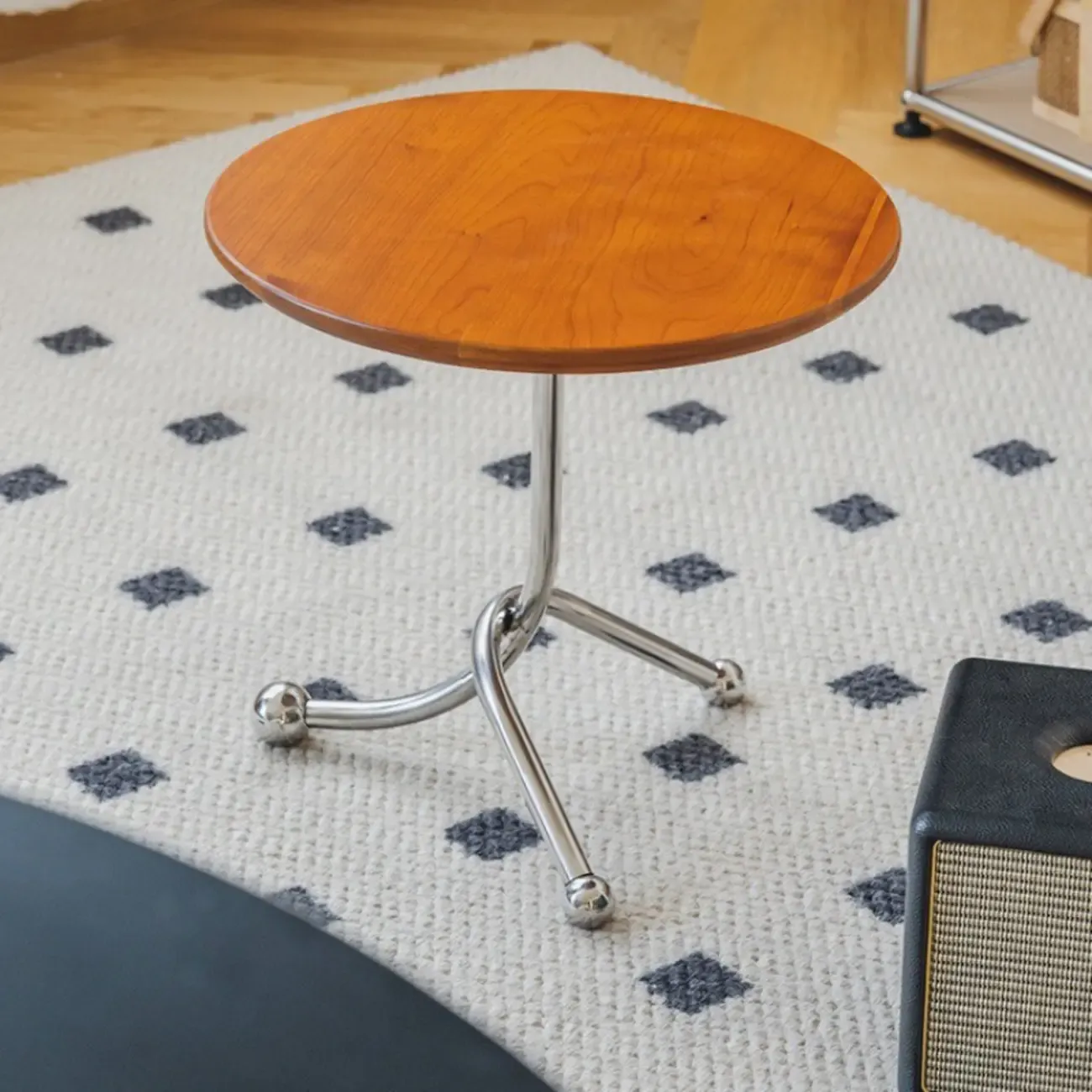 Modern Wood Round Top Triangular Silver Side Table