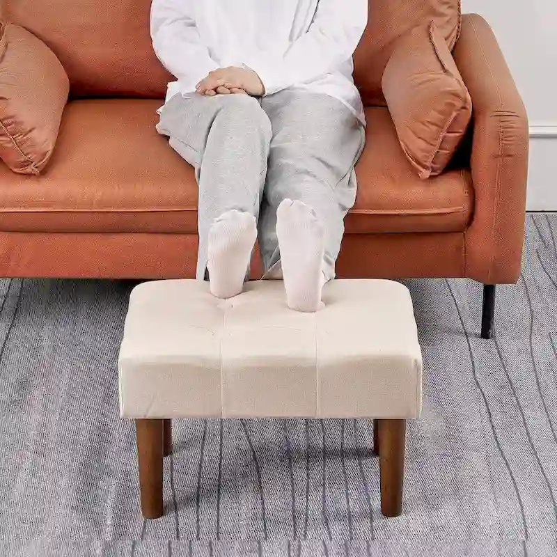 2 Pcs Small Foot Stool Ottoman, Linen Ottoman Foot Rest with Legs, Rectangle Upholstered Footrest