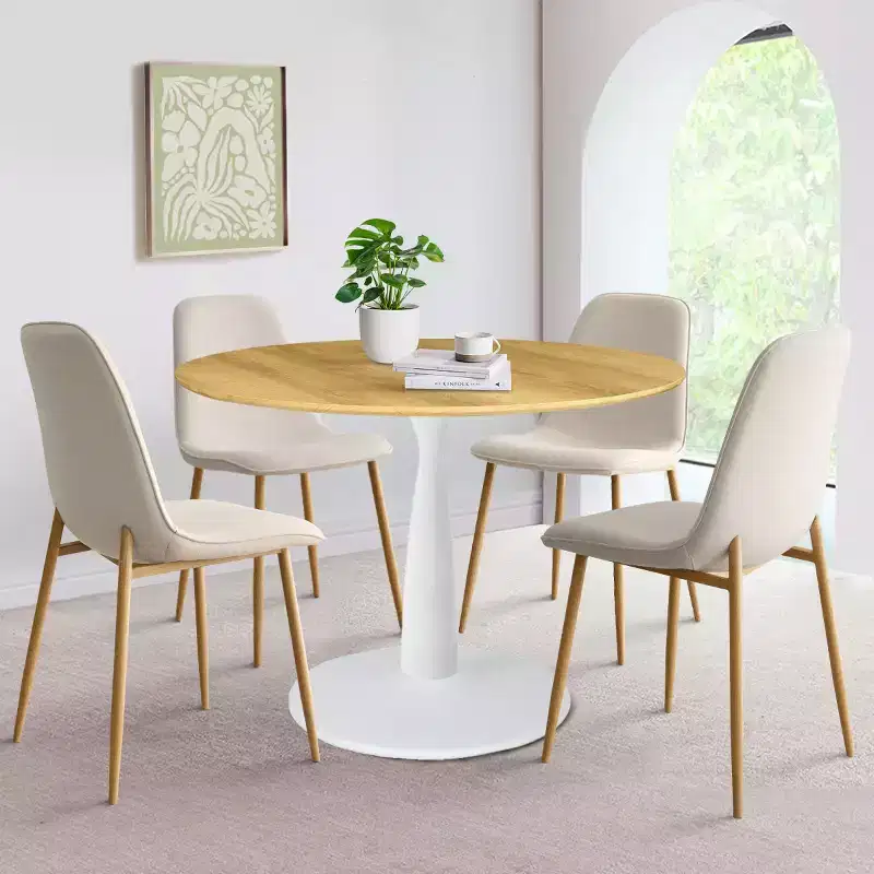 5-Piece Round Dining Set, 37 Pedestal Table with Wood-Look Top and Upholstered Curved Chairs, Modern Style-Panipeachy