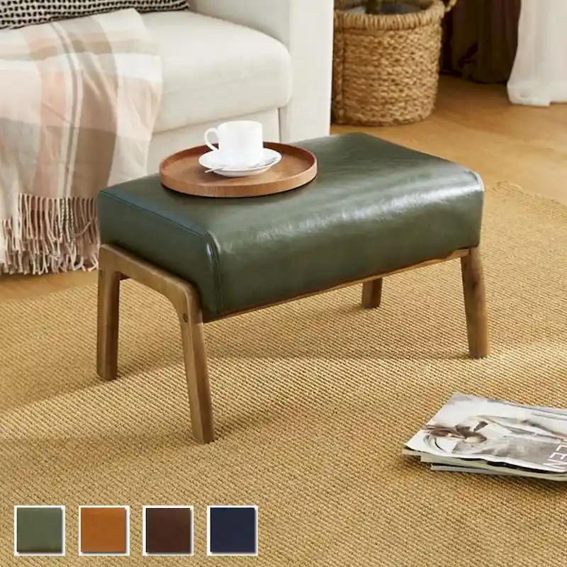 Glitzhome 24.5W Leatherette Accent Stool With Walnut Rubberwood Legs