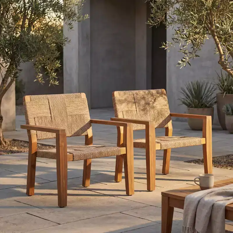 Christopher Knight Home Tude Farmhouse Acacia Wood Patio Club Chairs with Twist Rope Design (Set of 2)