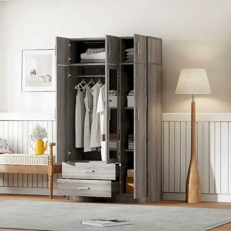 White/Grey 3-Door Wardrobe with Mirror, 2 Drawers & Top Cabinet – 1 Person Assembly