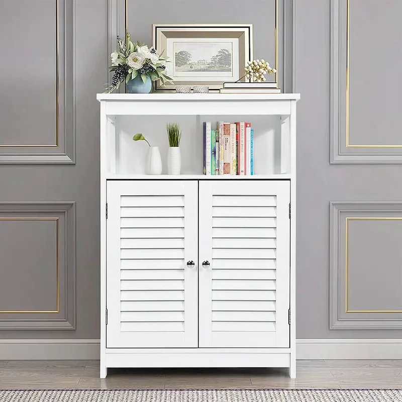 White MDF Bathroom Floor Storage Cabinet with Double Shutter Door & Open Shelf – Single