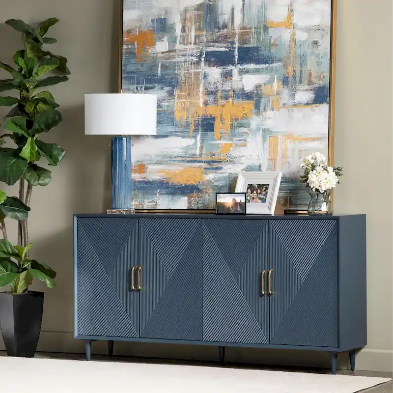 Navy Blue Wooden Sideboard with Gold Hardware - 72 Inch - Four Door
