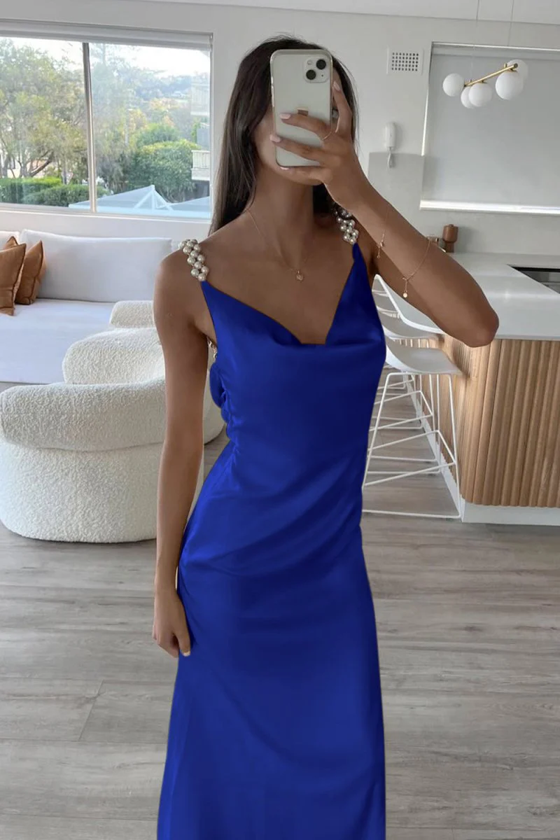 Yellow Sheath Spaghetti Straps Satin Long Prom Dresses With Pearls