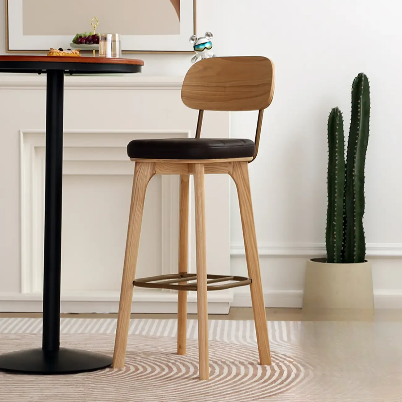 Wooden Square Leather Upholstered Bar Stool with Backrest