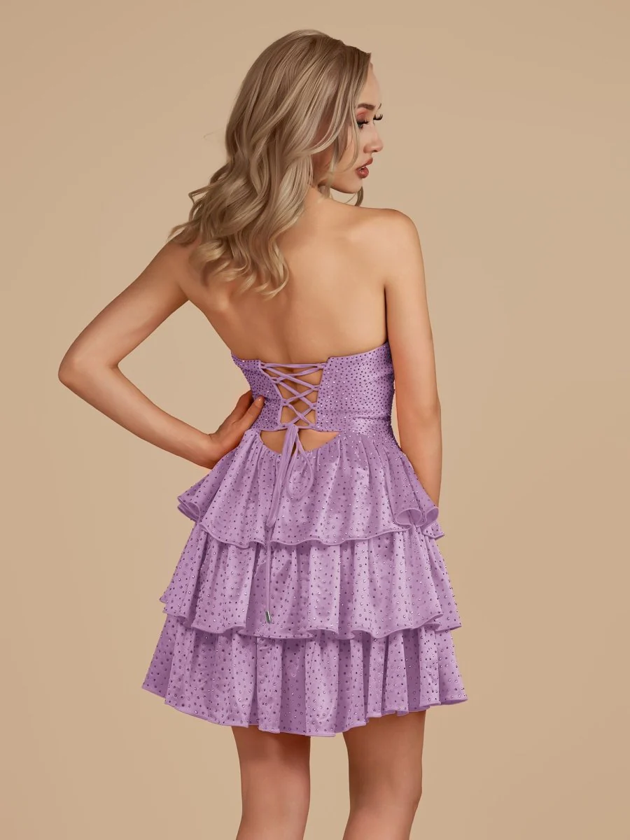 Lilac - A Line Sweetheart Satin Cut Out Ruffled Homecoming & Cocktail Dresses with Beads