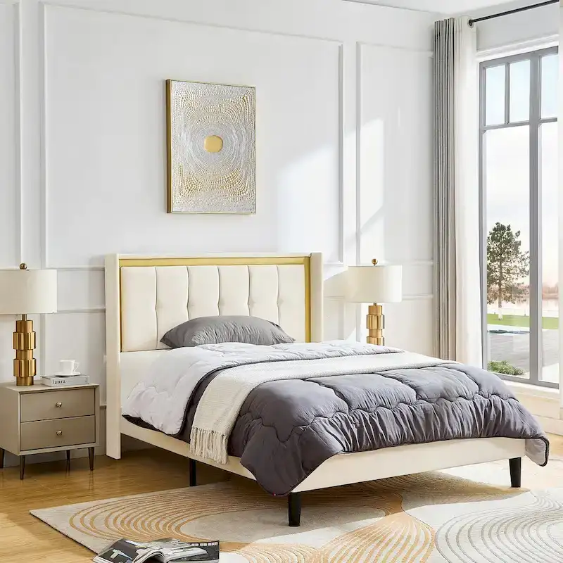 White Queen Size Upholstered Platform Bed Frame with Headboard, Sturdy Wooden Slats, High Load-Bearing Capacity