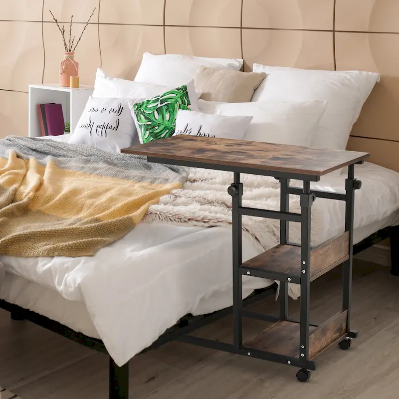 C-Shaped Mobile Rolling Sofa Side Table with 3-Tier Storage Shelves, Adjustable Height & Wheels