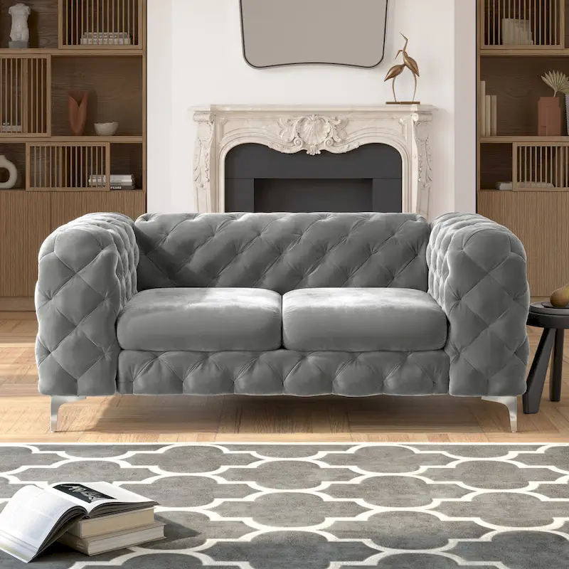 French Blue / Grey / Navy Blue / Teal Velvet Chesterfield Loveseat, 2-Seat