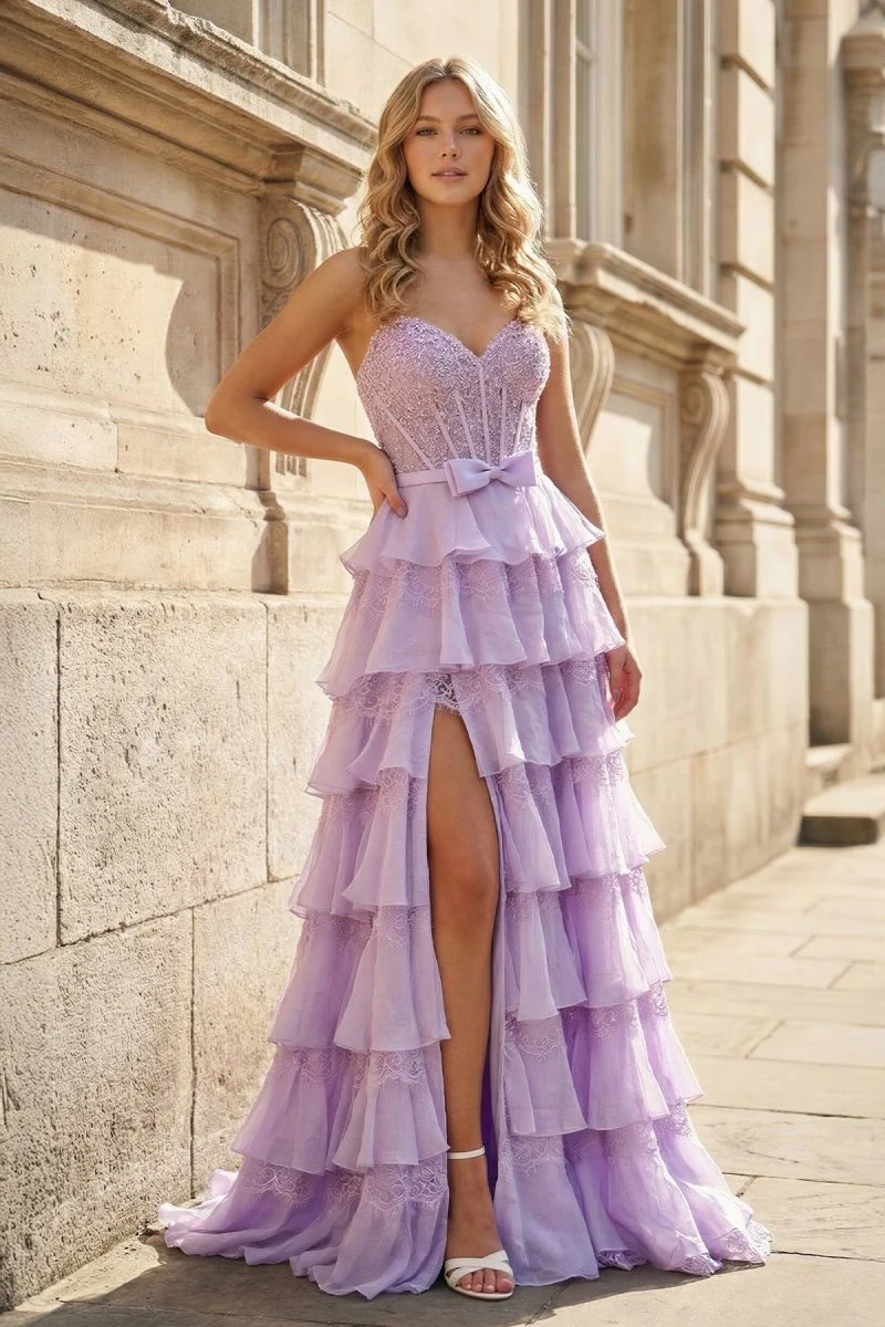 Lavender - Strapless A Line Chiffon Tiered Prom Dresses With Bow